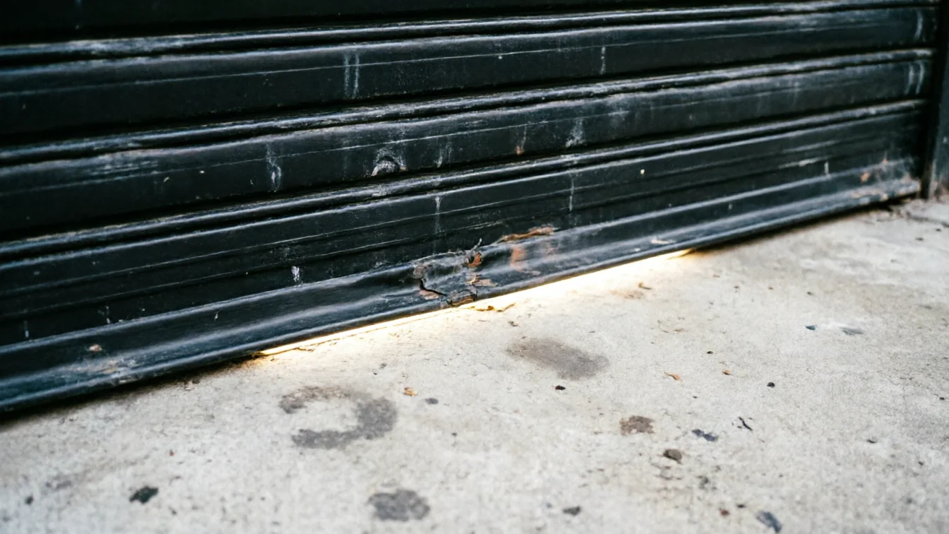 The black garage door has a damaged bottom panel with rust and a gap.