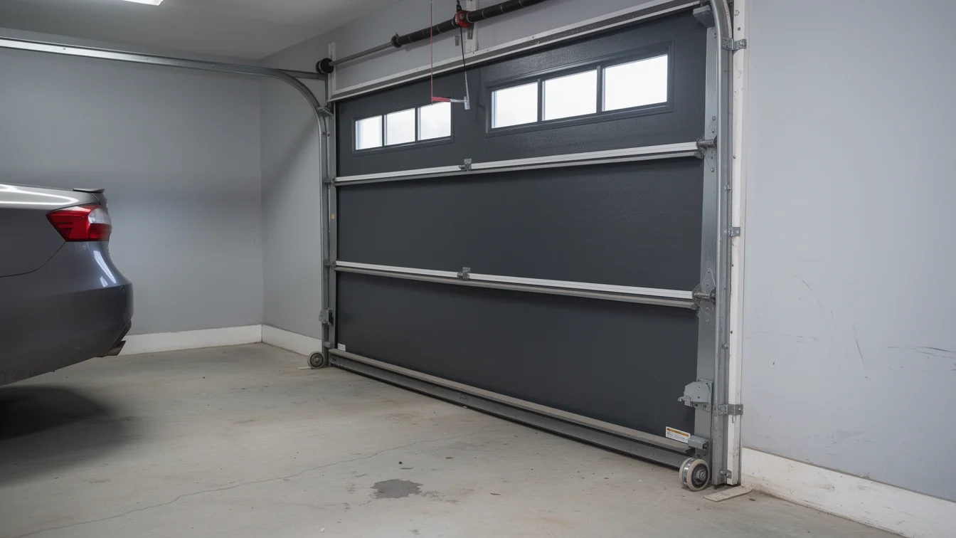 A dark gray garage door with windows is partially open, revealing a car.