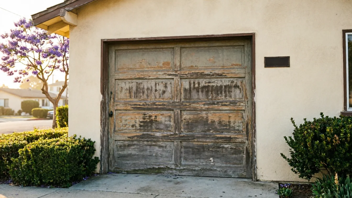 The old wooden garage door has peeling paint and is set in a beige house.