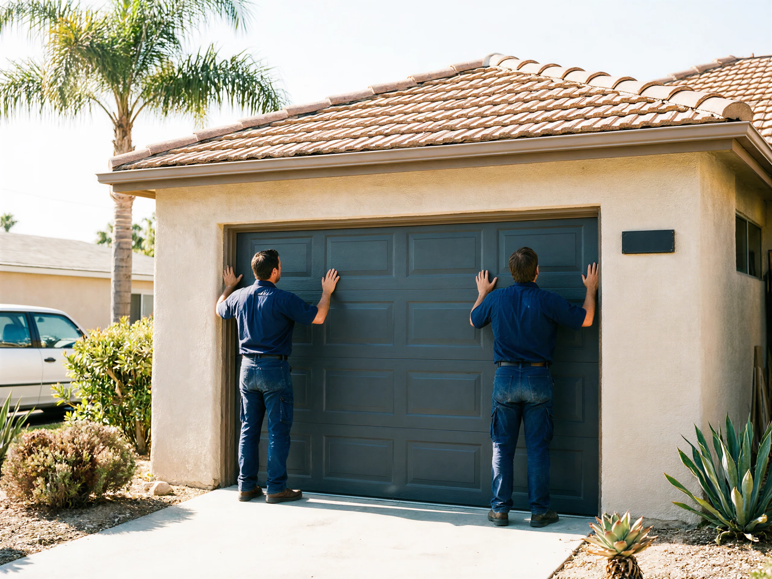 Two technicians are installing a dark gray garage door on a tan house.